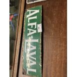 Small enamel sign marked 'Alfa-laval', 34cm wide