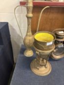 Large Islamic brass coffee pot and a further brass jardiniere (2)