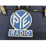 Vintage hanging enamel sign for Pye Radio with accompanying wall bracket, 48cm high