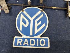 Vintage hanging enamel sign for Pye Radio with accompanying wall bracket, 48cm high