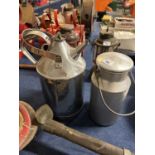 Small aluminium churn, together with a further steel churn marked 'Mrs. R E C O' (2)