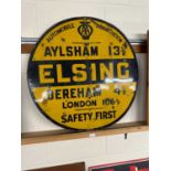 Enamelled circular tin sign, Automobile Association "Elsing" showing distance from Aylsham and