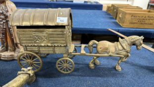 Cast brass model of a Romany caravan and horse