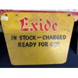 A painted board sign marked Exide In Stock, Charged, Ready for Use, 44cm wide