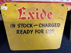 A painted board sign marked Exide In Stock, Charged, Ready for Use, 44cm wide