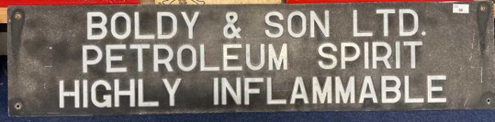 Sheet metal sign with raised lettering marked Boldy & Son Ltd Petroleum Spirit Highly Inflammable,