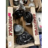 Box of vintage car horns by Clear Hooters and others