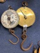 Vintage Salter spring balance brass faced hanging scales together with further example with