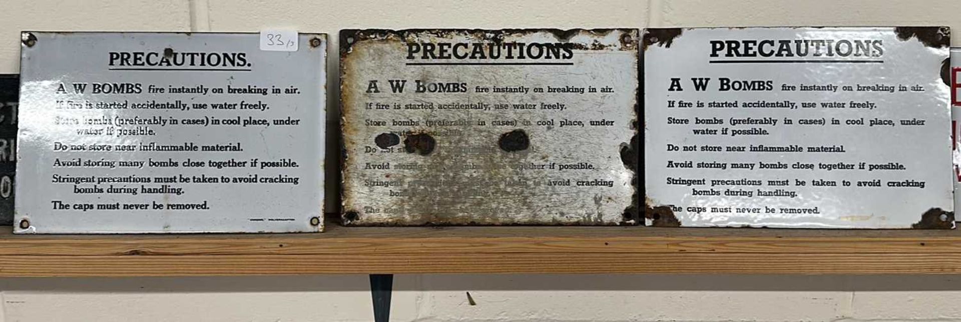 Three enamelled "A W Bombs Precautions" notices - Image 2 of 2