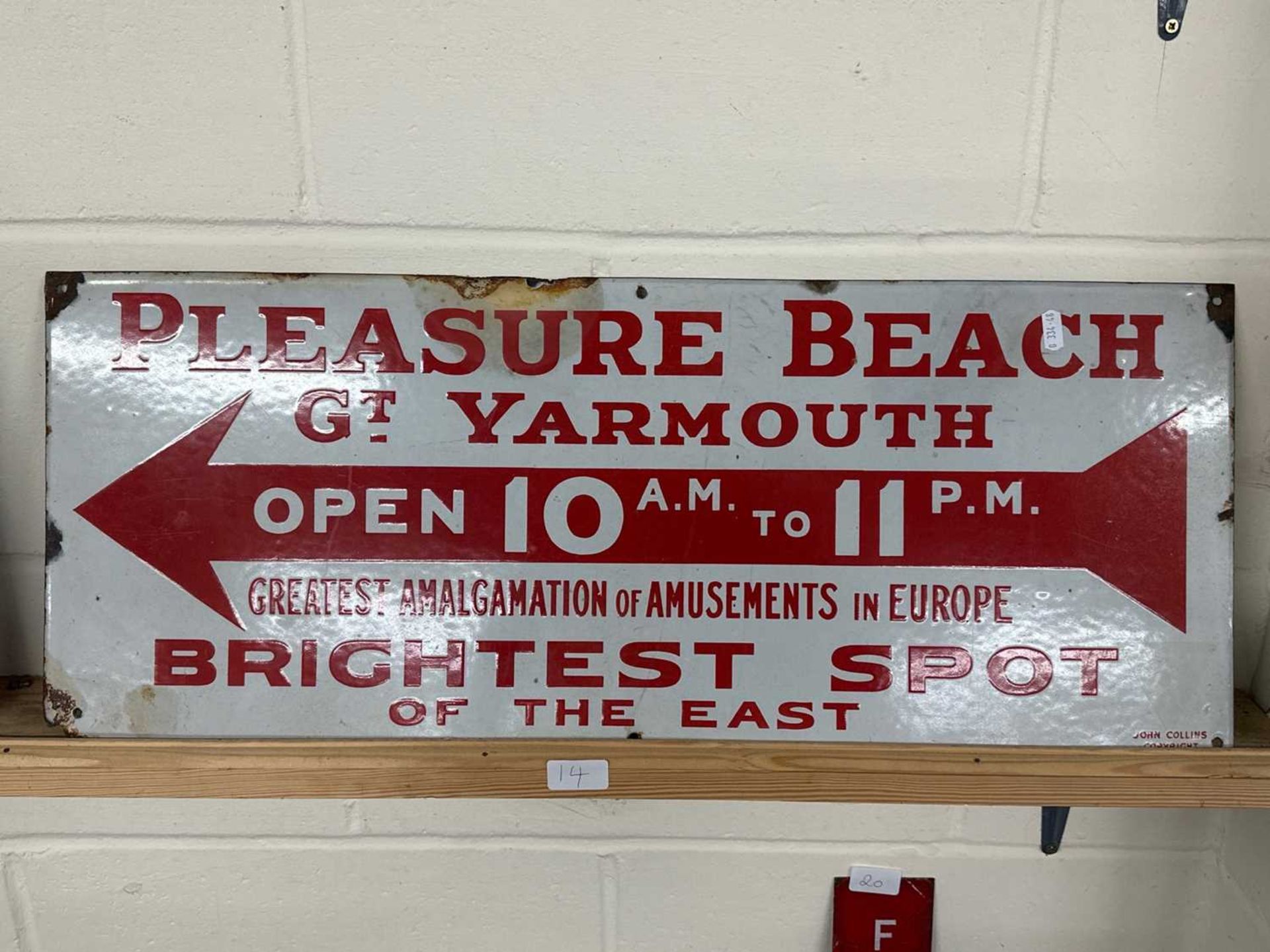 Directional metal sign for Pleasure Beach Great Yarmouth "Brightest Spot of the East"