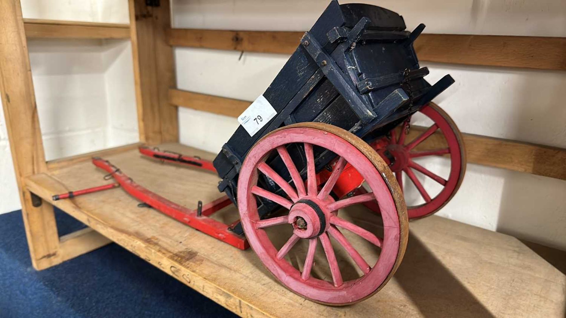 A scratch built model of a single axle cart painted in red and blue, approx 50cm long - Image 4 of 7