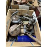 Box of various copper kettles, blue enamel storage jars, coffee grinder etc