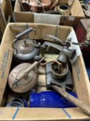 Box of various copper kettles, blue enamel storage jars, coffee grinder etc