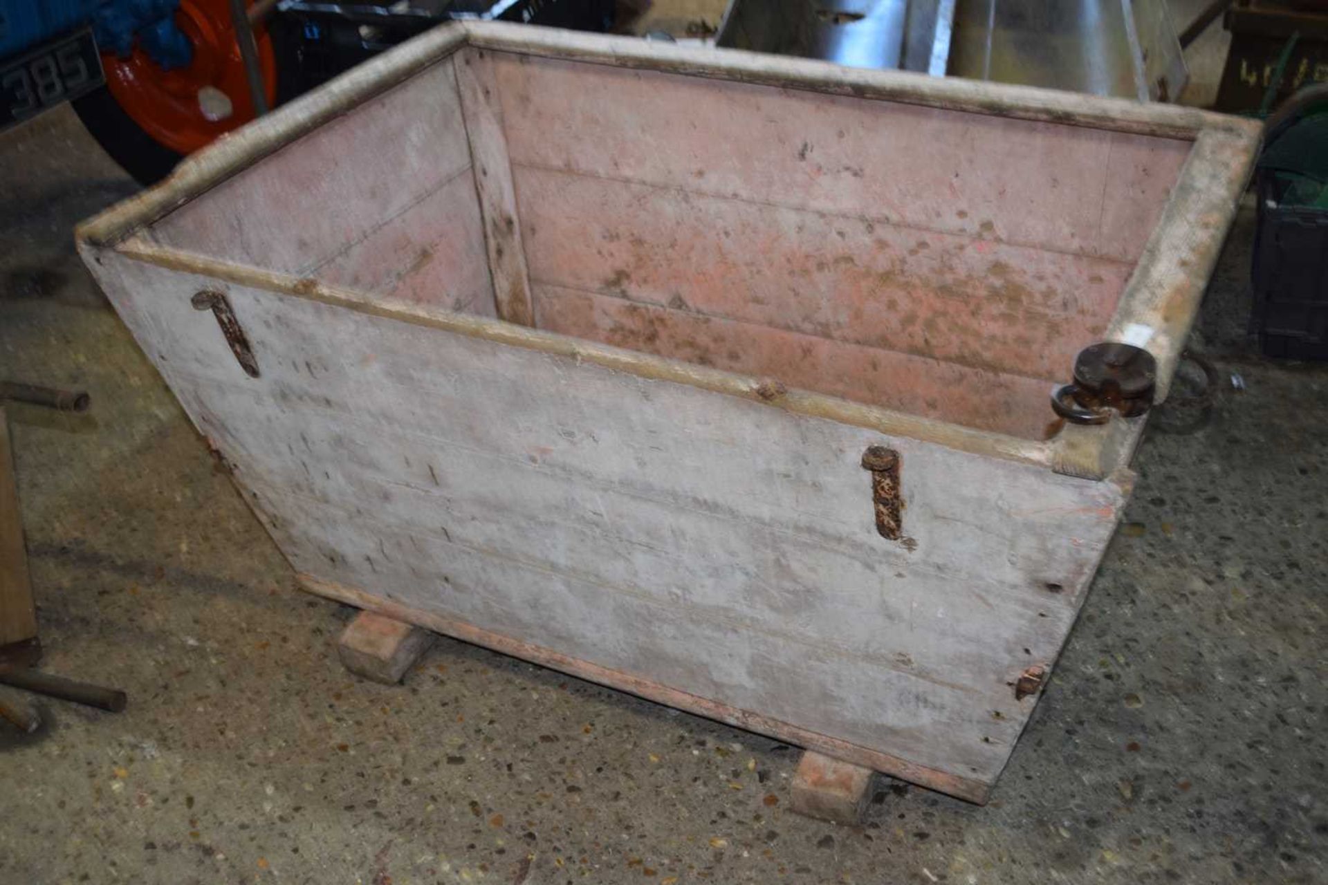 Large rectangular wooden trough with iron binding