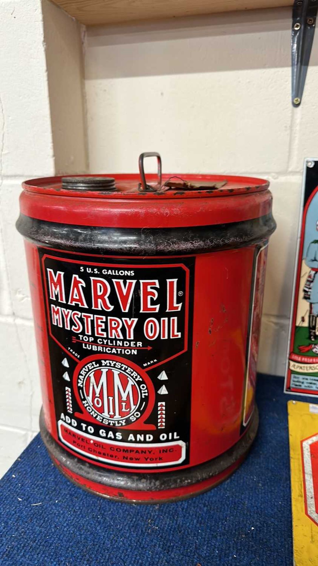 A vintage barrel Marvel Mystery Oil (empty), 5 gallon size, 34cm high