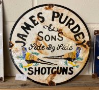A reproduction enamelled sign for "James Purdey & Sons Side by Side Shotguns"