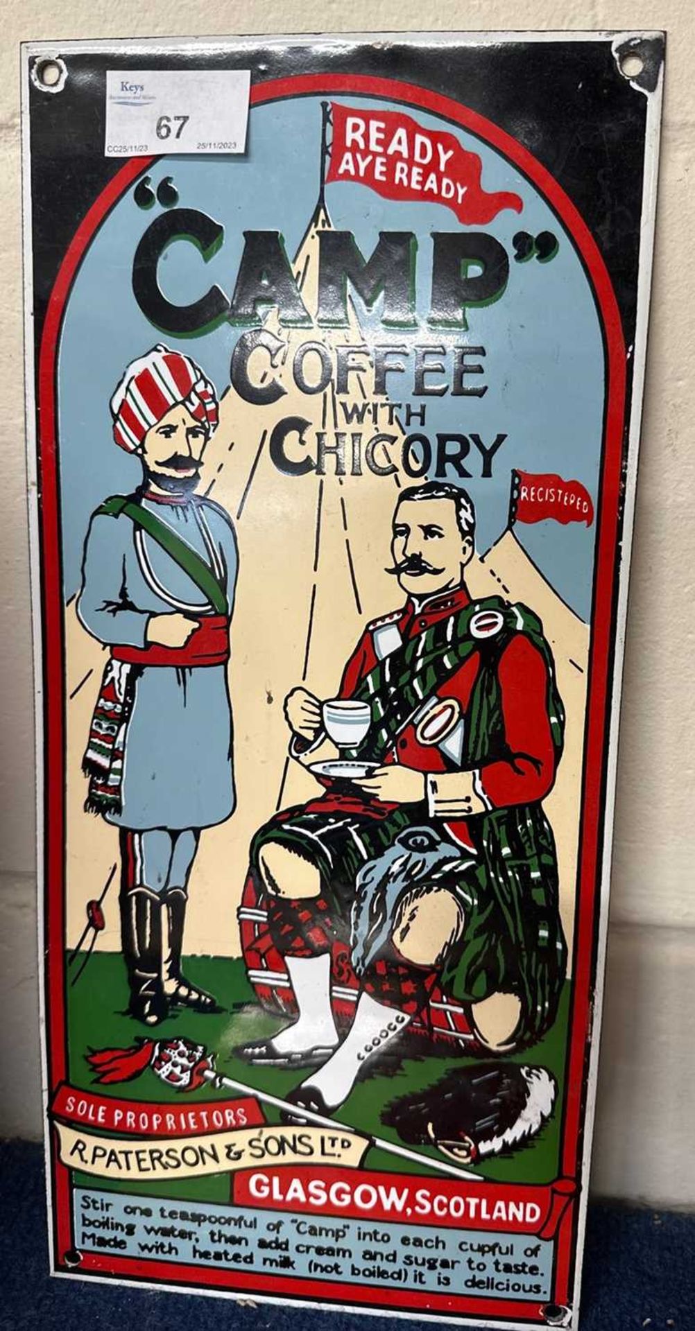 A reproduction Camp Coffee with Chicory enamel sign, 36cm high