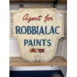 Cast aluminium hanging sign marked Agent For Robbialac Paints, 51cm high