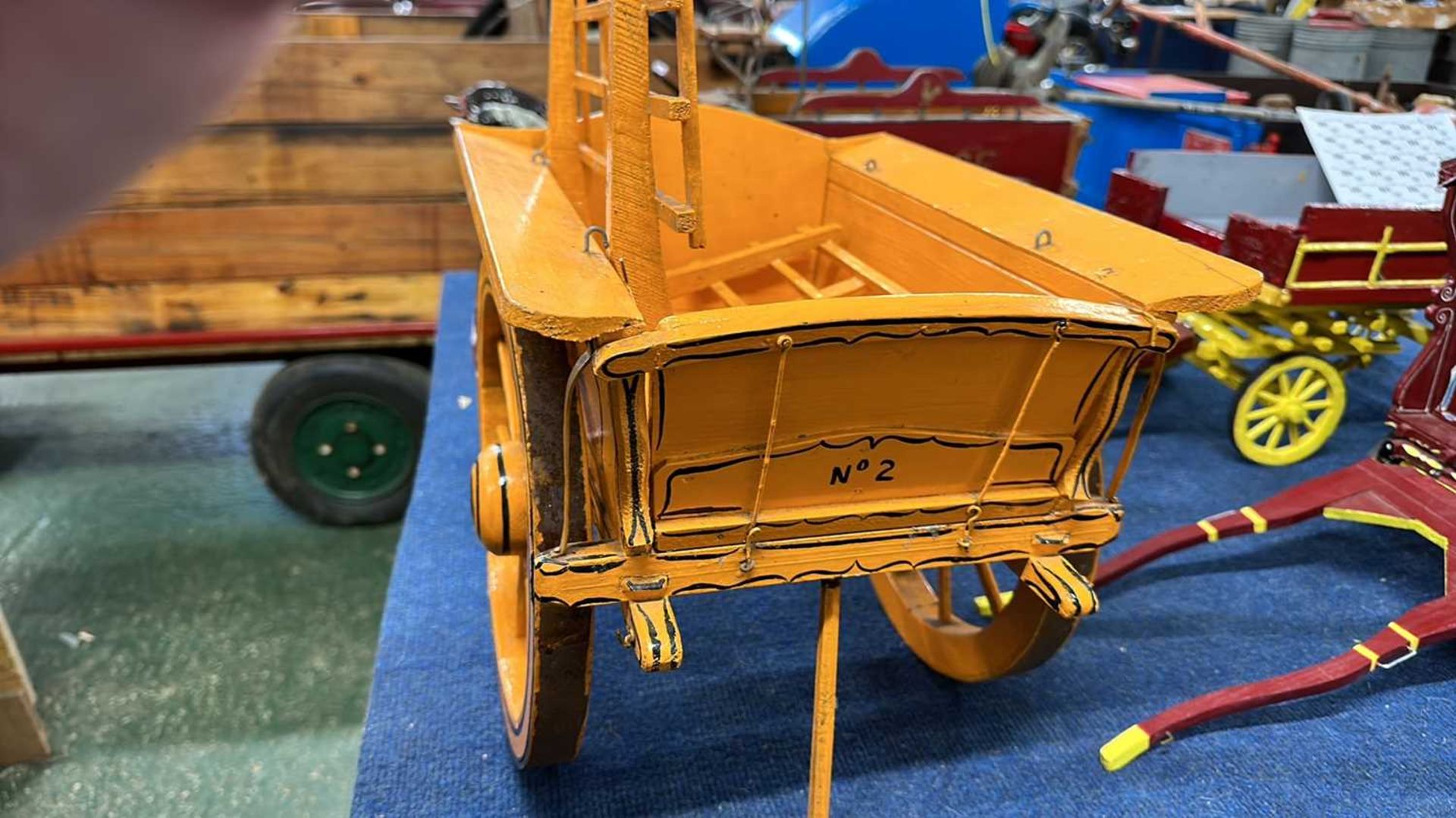 A scratch built model of a single axle hay cart, painted in dark yellow and black, 65cm long in - Image 5 of 7