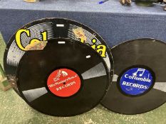 Group of enamel signs formed as records, two marked 'Columbia Records', the other marked 'His
