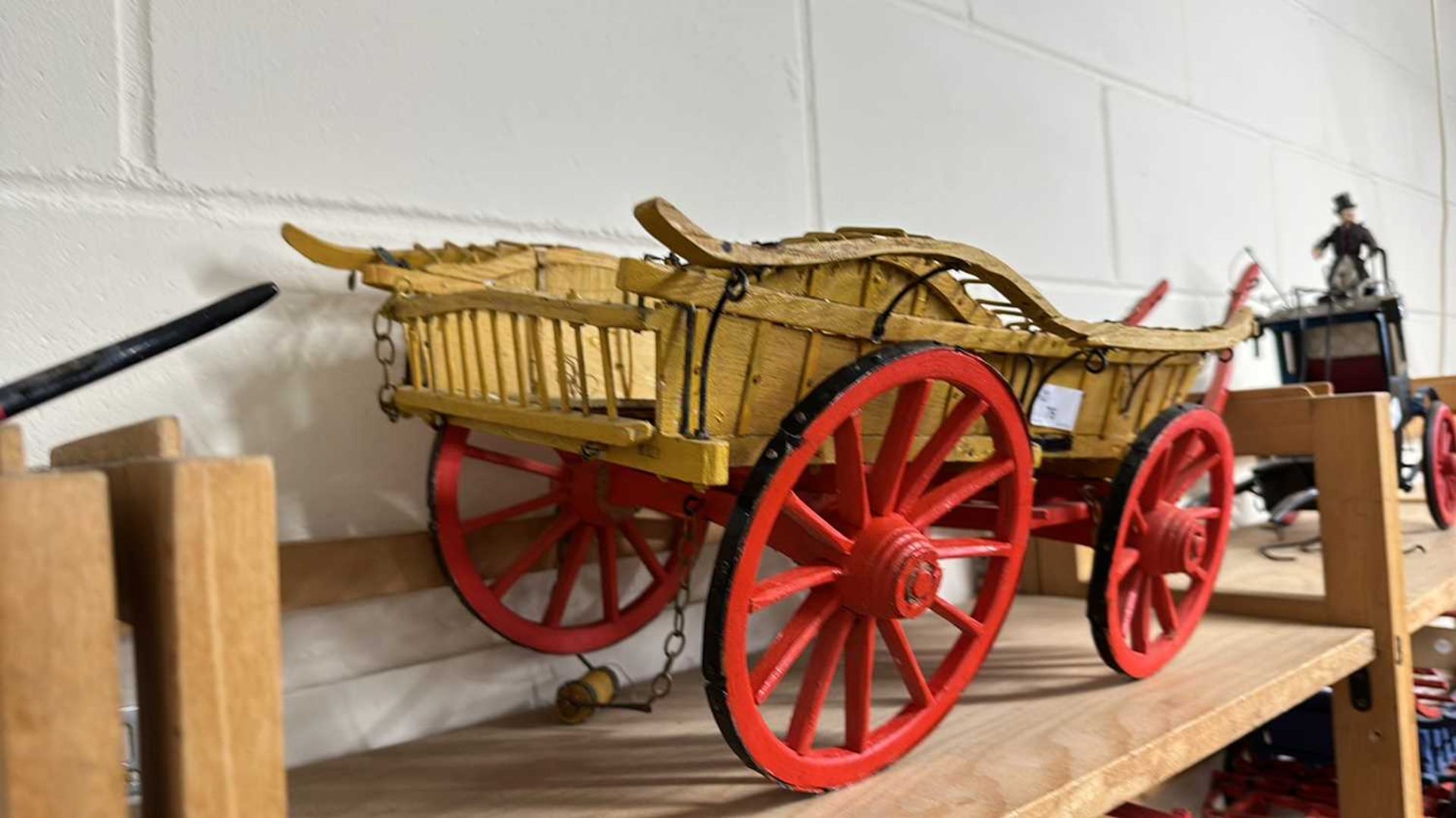A scratch built model of an Oxford Wagon, painted in beige and red, approx 80cm long in total - Image 4 of 6