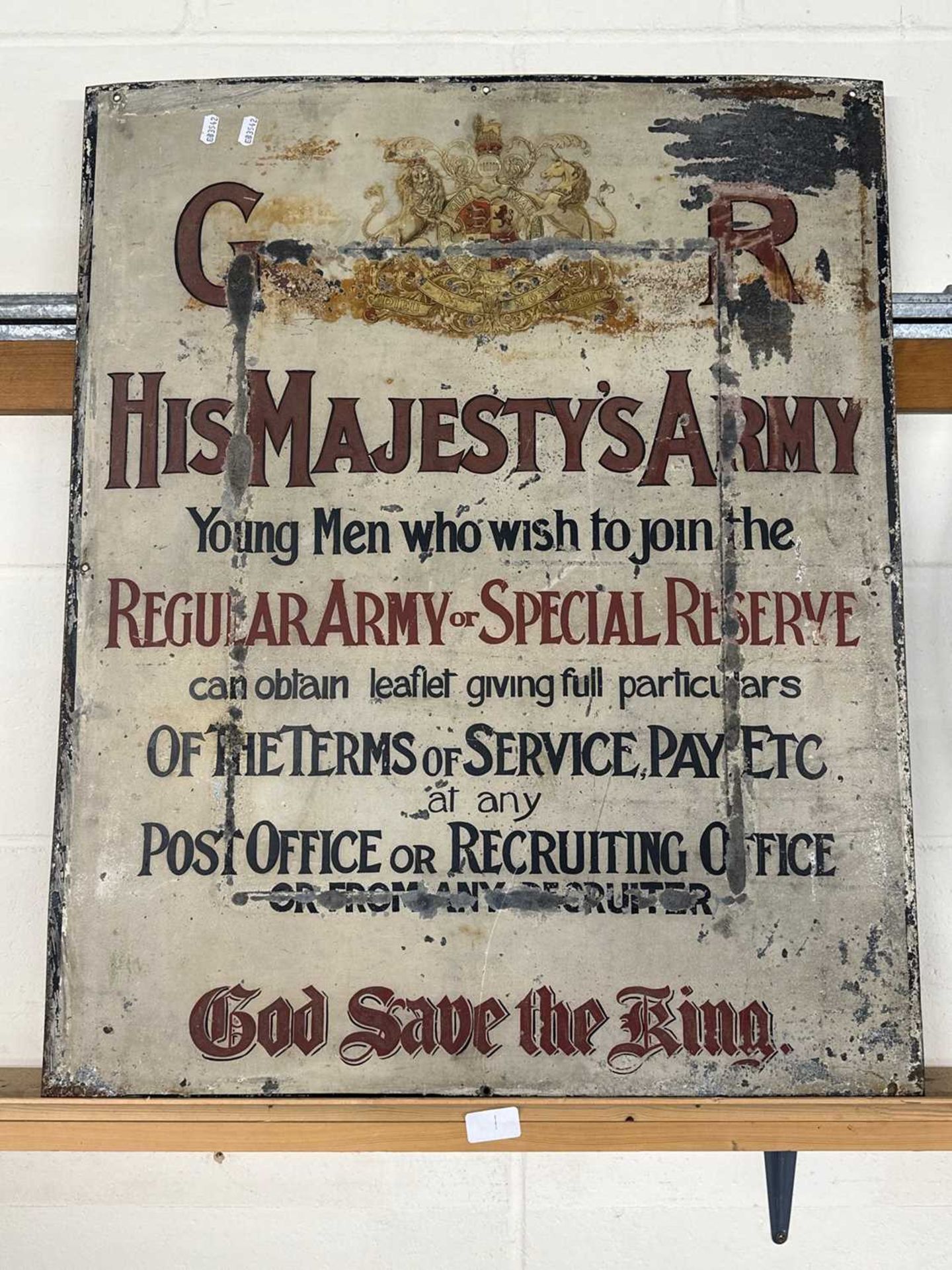 1920's/30's Army Recruitment tin sign bearing GR Arms His Majesty's Army God Save The King etc,