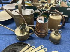 Mixed Lot: brass and copper water can and two vintage sprayers
