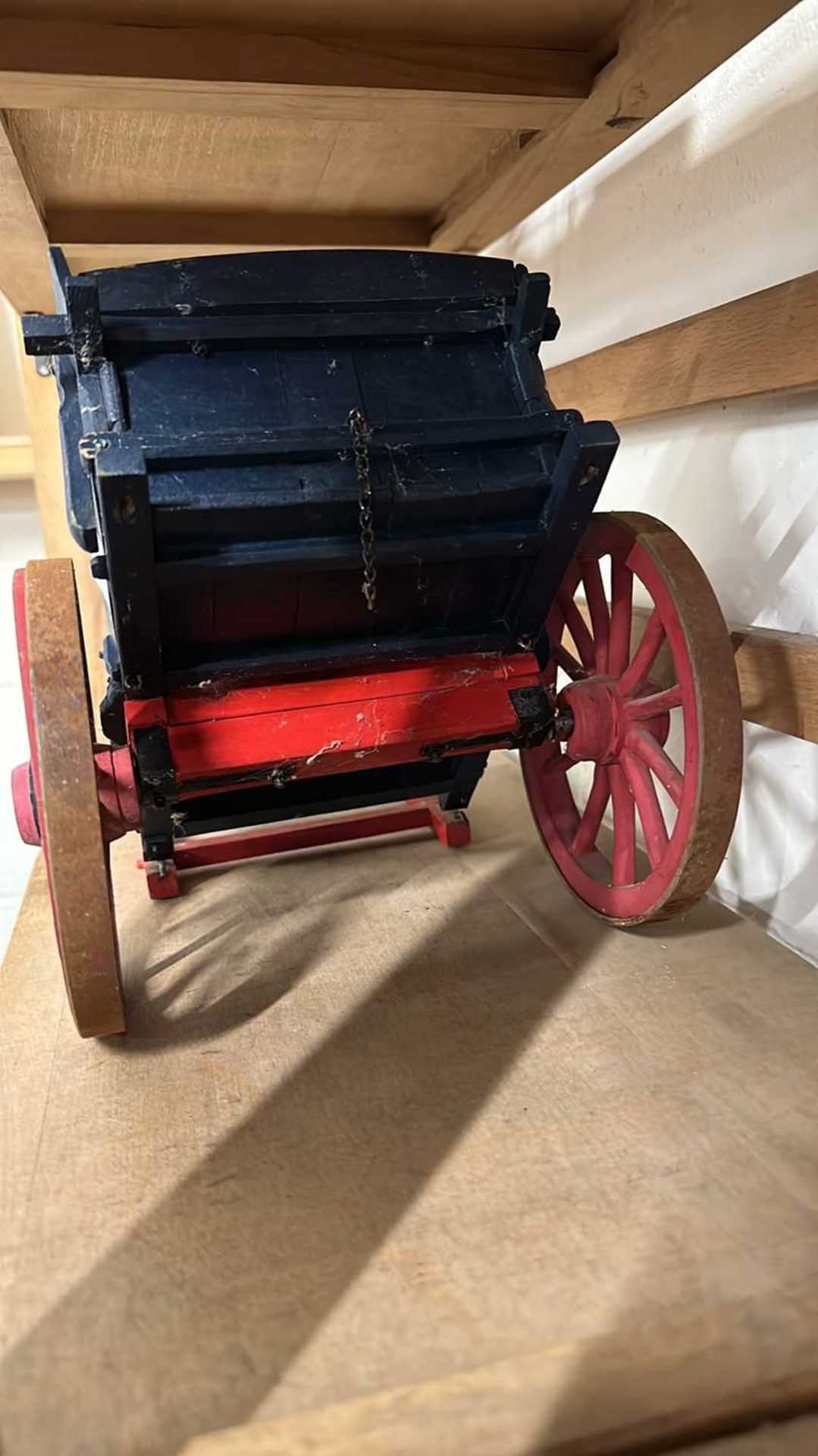 A scratch built model of a single axle cart painted in red and blue, approx 50cm long - Image 5 of 7
