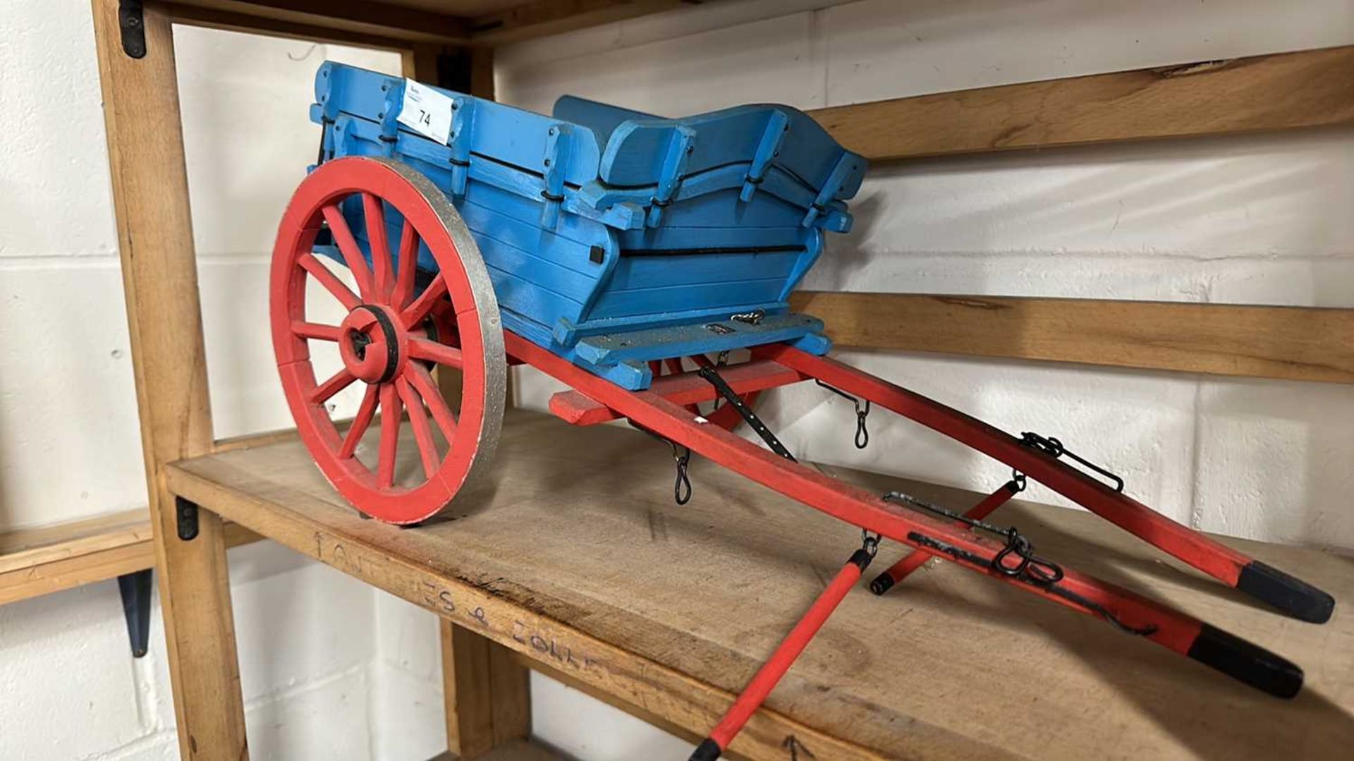 A scratch built model of a single axle farm cart painted in blue and red, approx 50cm long in total - Image 2 of 6