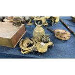 Mixed Lot: Brass bell, miniature brass mounted bellows, a horseshoe door knocker and other items