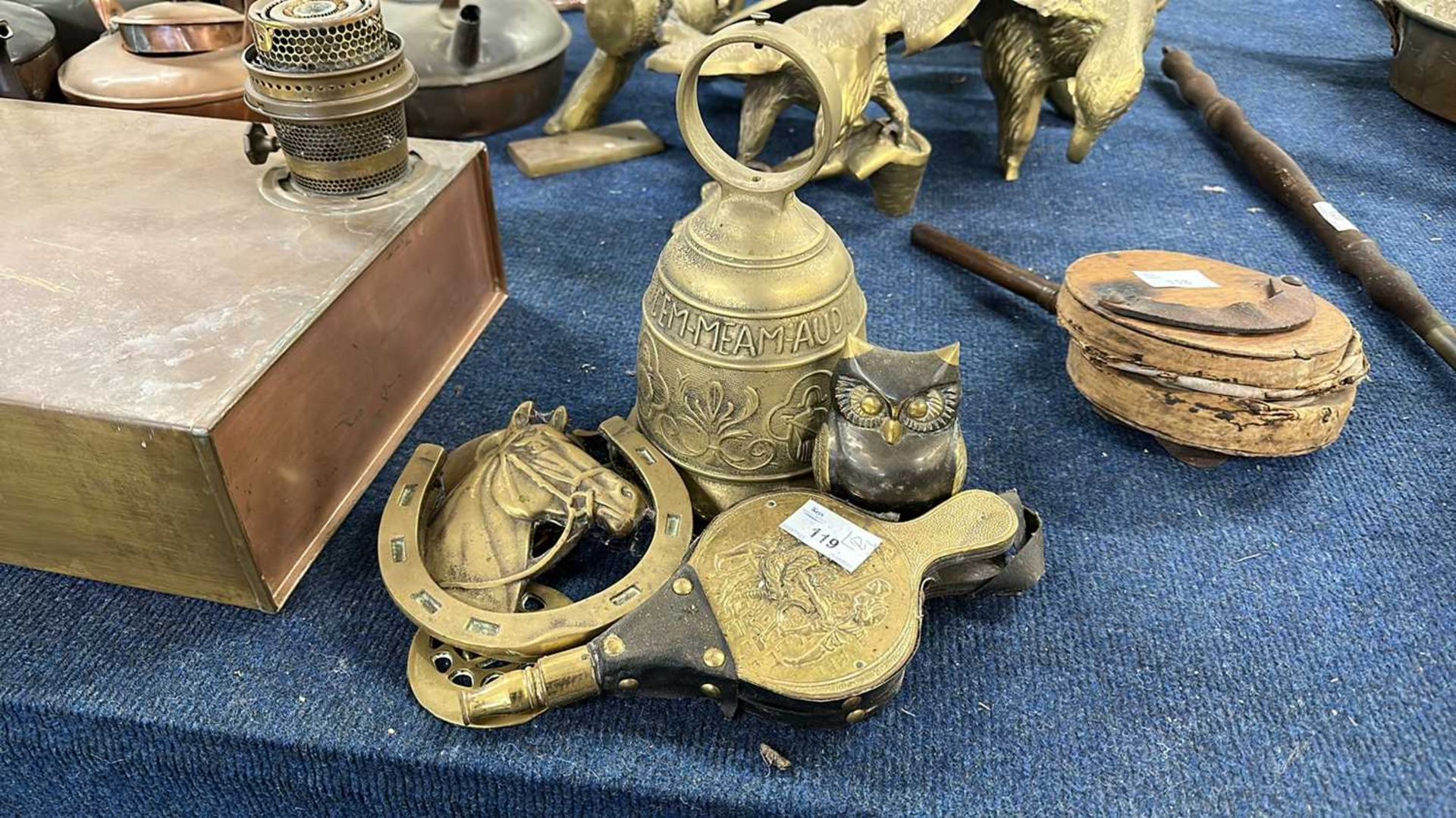 Mixed Lot: Brass bell, miniature brass mounted bellows, a horseshoe door knocker and other items