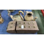 Mixed Lot: Brass swan shaped planter, a brass kettle and a small metal storage box (3)