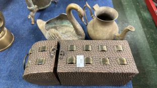 Mixed Lot: Brass swan shaped planter, a brass kettle and a small metal storage box (3)