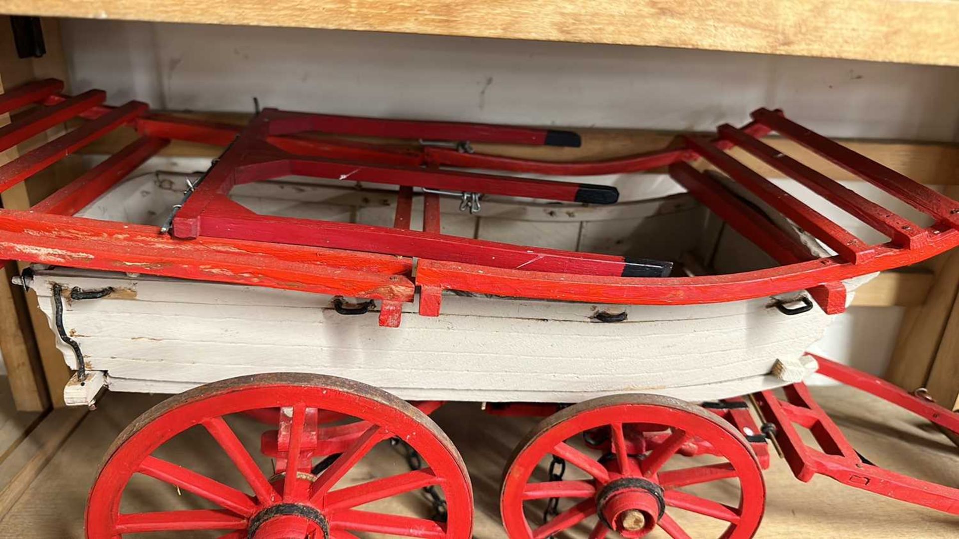 A scratch built model of a Hereford Wagon, painted in red and cream, approx 70cm long in total - Image 3 of 6