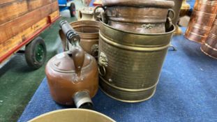 Mixed Lot: Vintage electric copper kettle together with three various copper and brass jardinieres