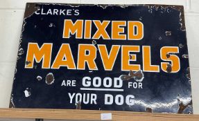 Enamelled promotional sign "Clarke's Mixed Marvels are good for your Dog"