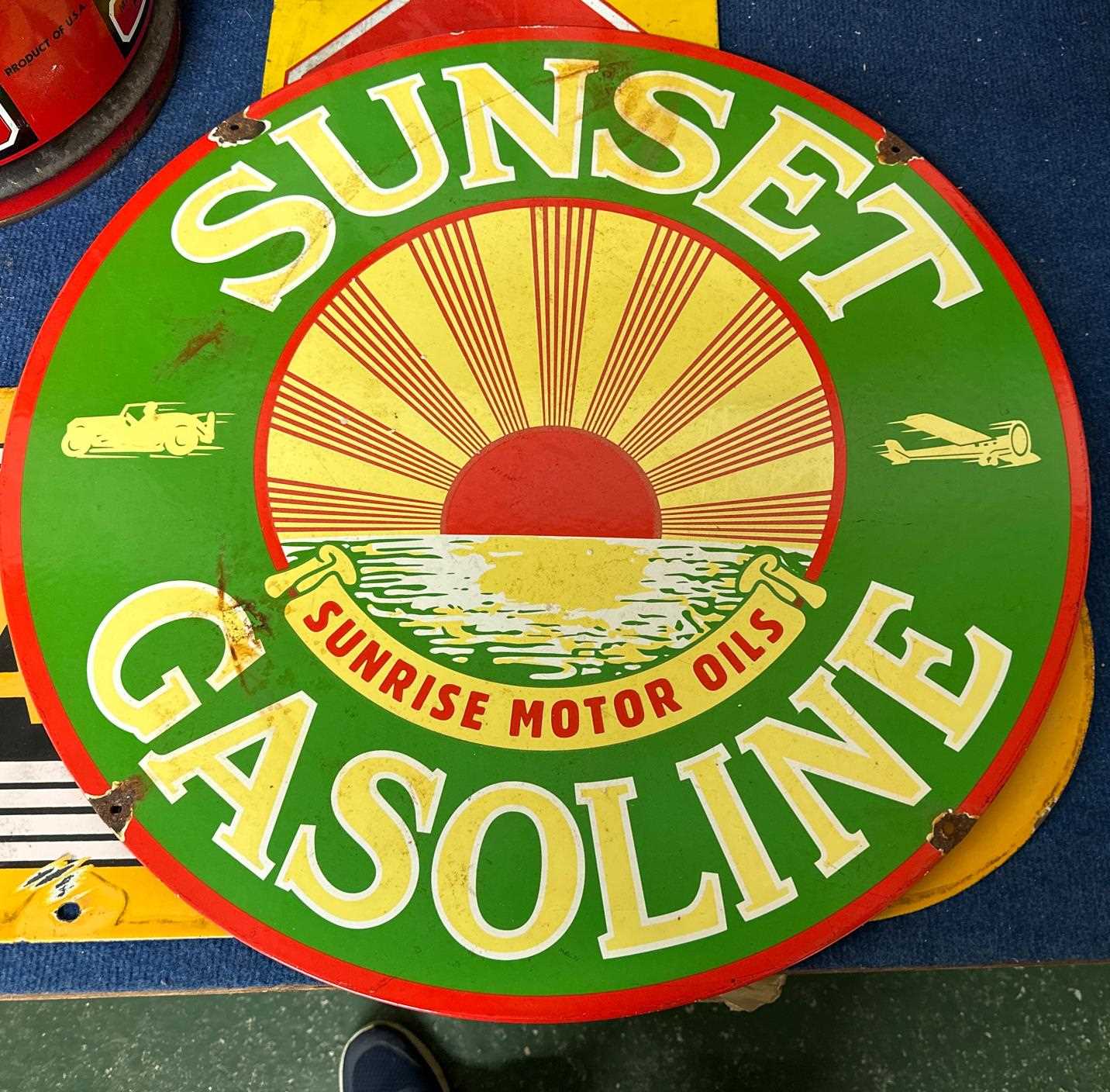 A circular double sided enamel sign "For Sunset Gasoline" - Image 2 of 2