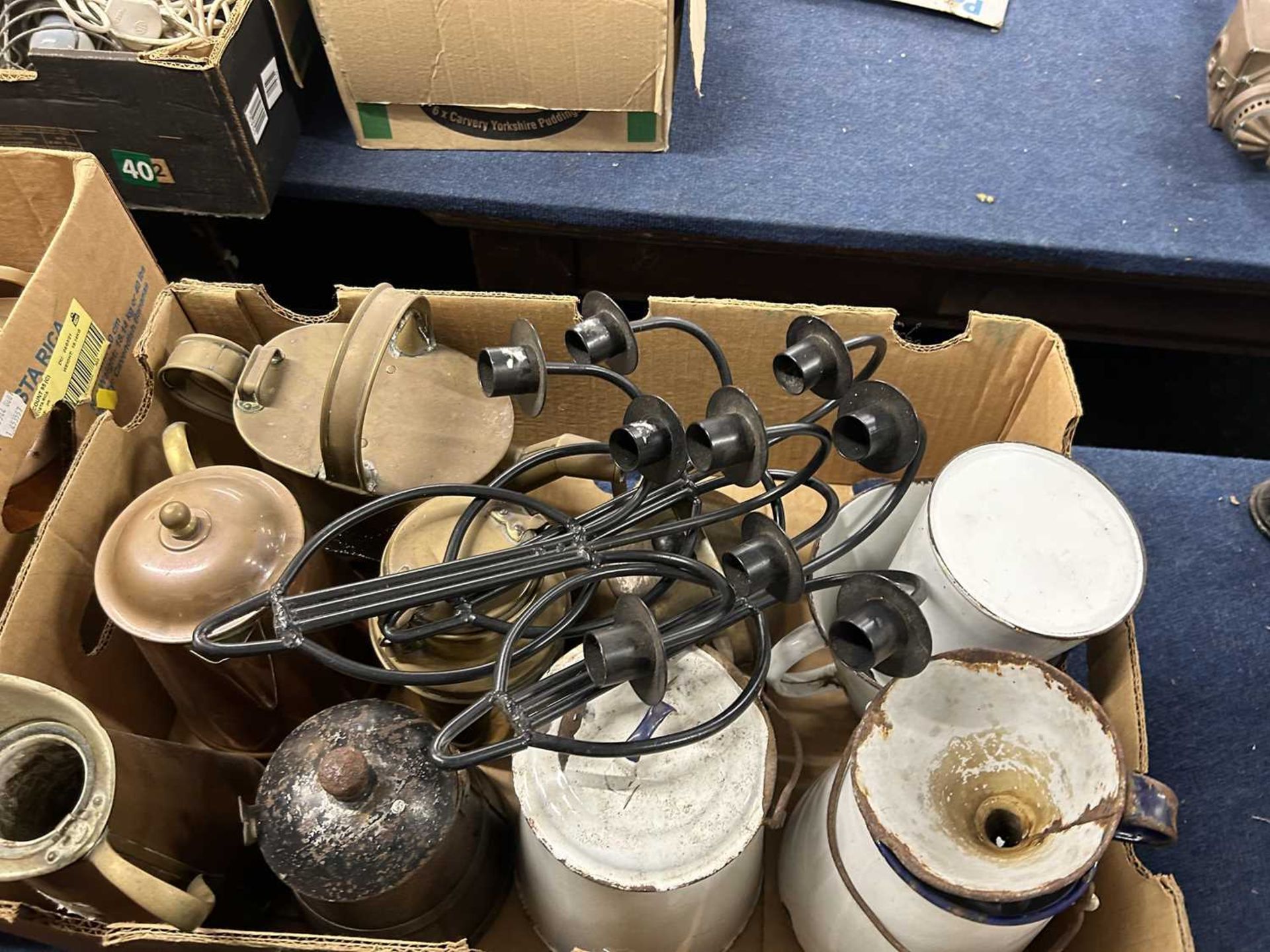 Box of various vintage kitchen wares to include enamel pots, copper water can, iron candle holders