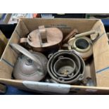 Box of various copper kettles and other items