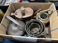 Box of various copper kettles and other items