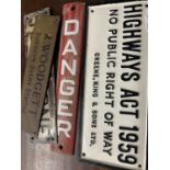 Mixed Lot: four assorted signs comprising cast iron marked 'Highways Act 1959', two small enamel