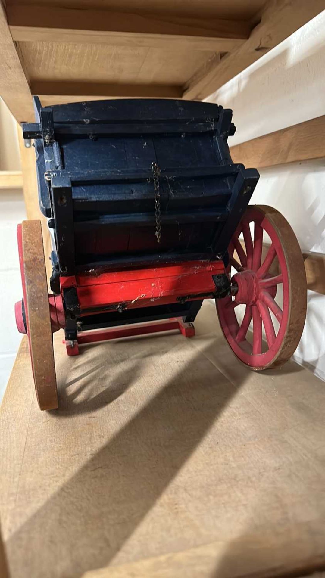 A scratch built model of a single axle cart painted in red and blue, approx 50cm long - Image 6 of 7