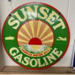 A circular double sided enamel sign "For Sunset Gasoline"