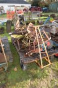 A yellow painted iron and wood mounted four wheel trolley - NOTE: Does not include the items on