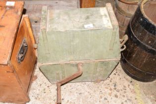 Vintage hand operated grinding wheel in wooden case