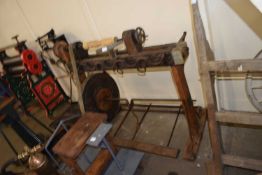 Iron and wood framed belt driven lathe