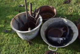 Mixed Lot: Iron feeding bowls, various implements, iron wash copper, vintage iron drinkers etc