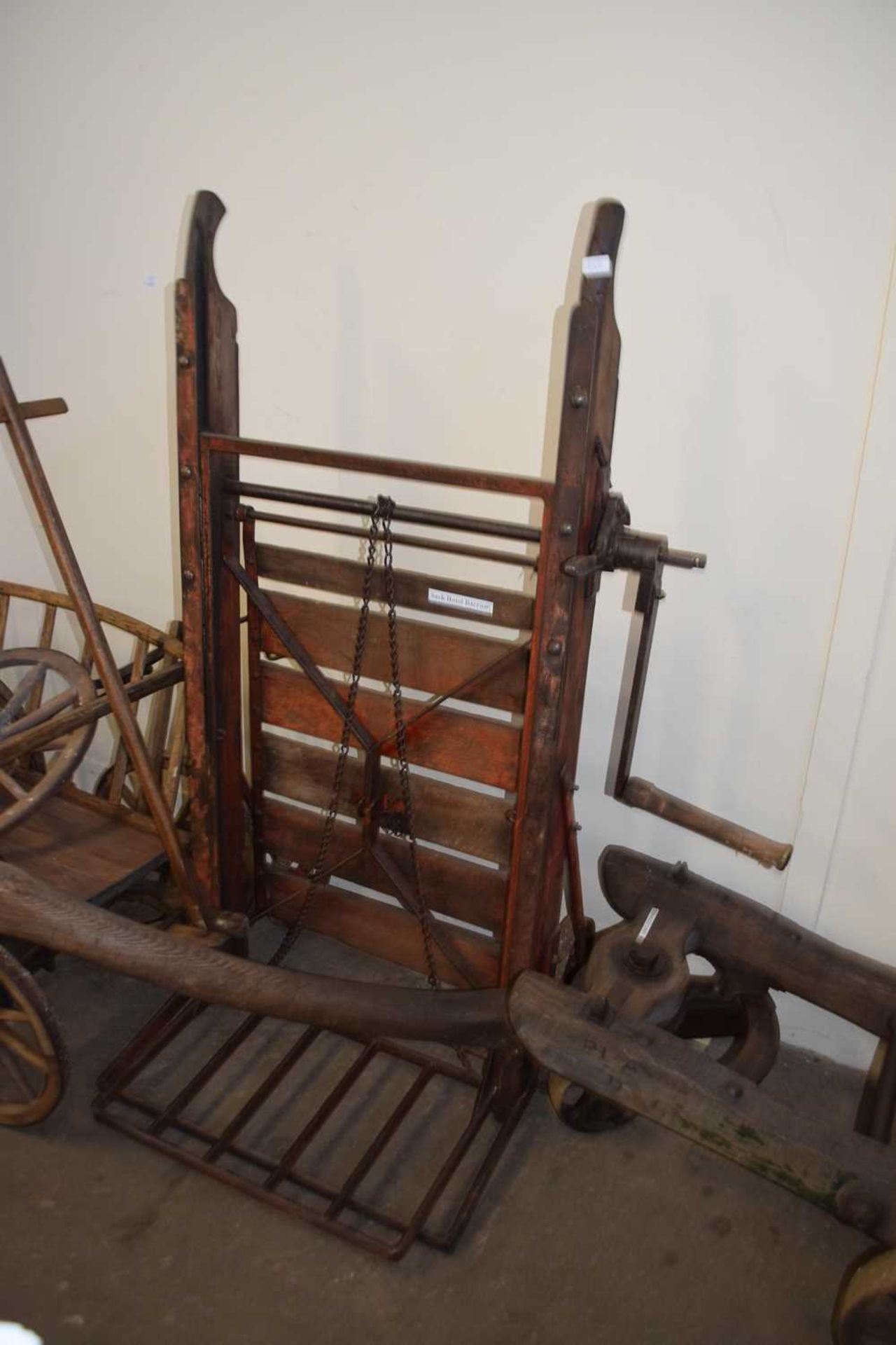 Large iron and wood sack lifting barrow