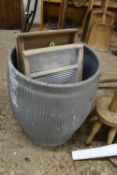 Vintage galvanised wash dolly tub together with three wash boards