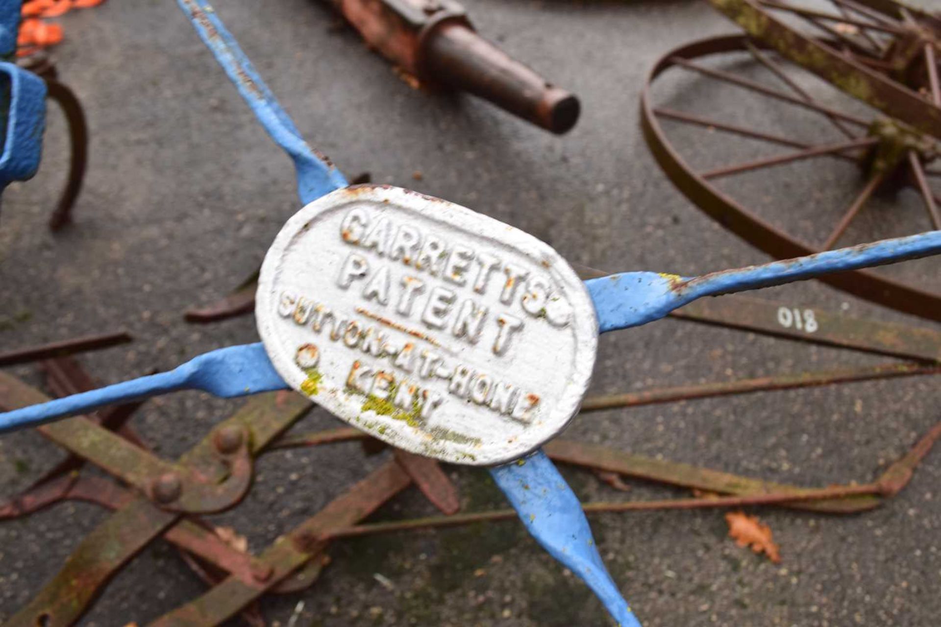 A Garretts Patent, Suffolk-at-Hone, Kent, iron framed horse drawn cultivator with blue and red - Image 2 of 2